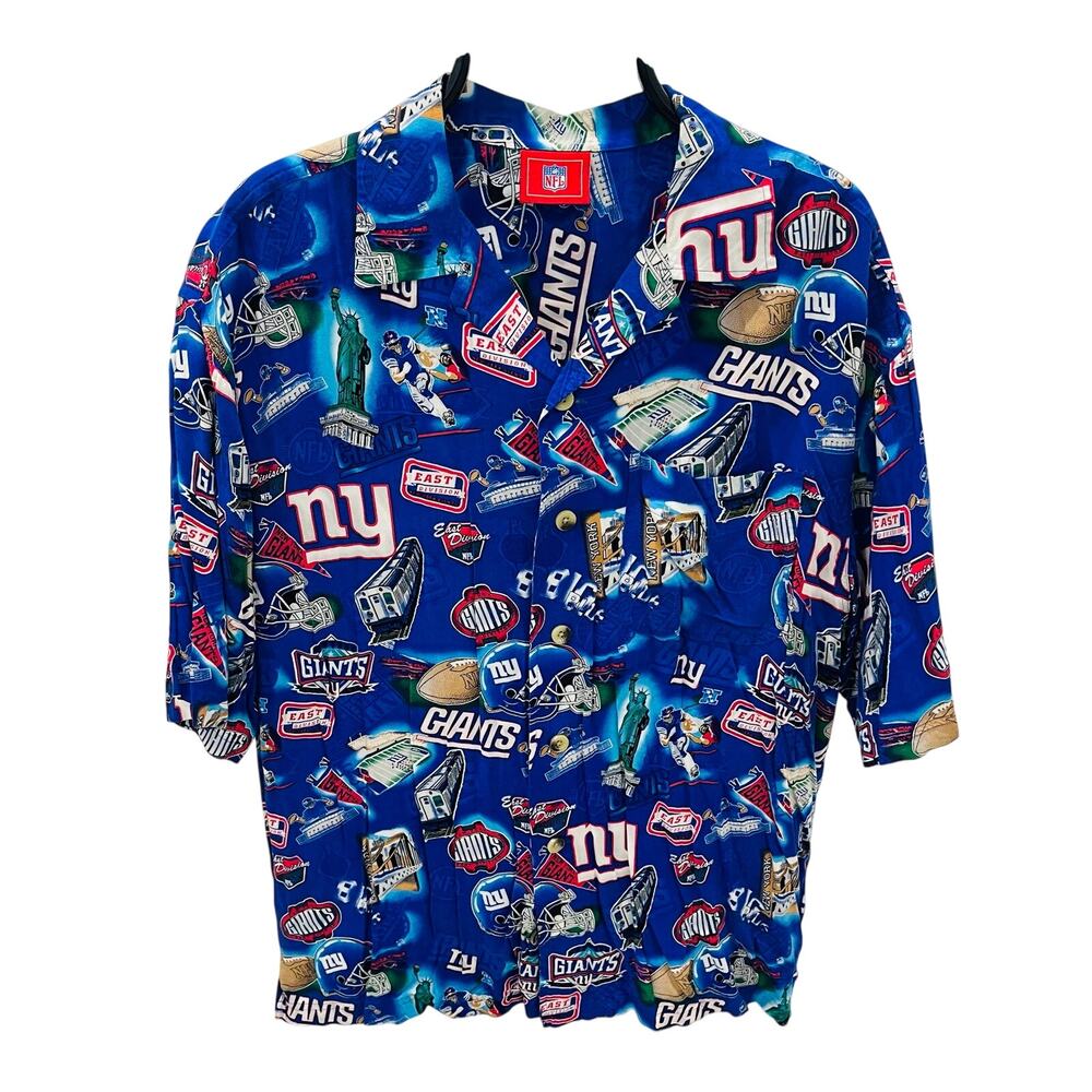 Vtg New York Giants Hawaiian Shirt Mens XL Blue Rayon Collage Camp NFL Football